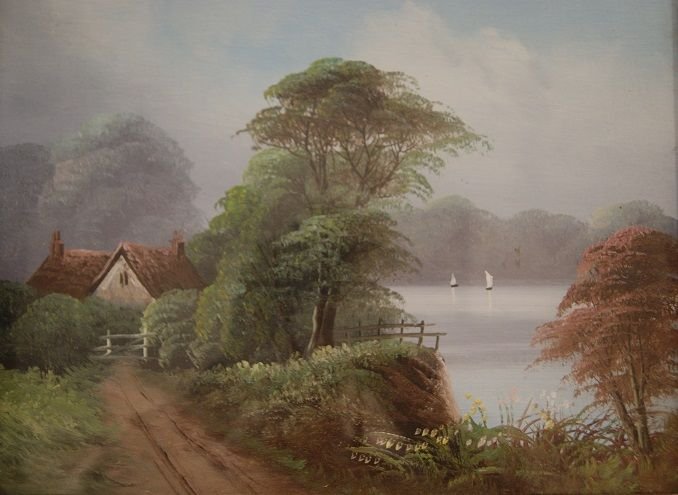 Oli su cartoncino inglesi del 1800, raffiguranti paesaggi campestri con sentieri di campagna-photo-4