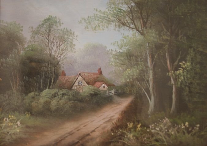 Oli su cartoncino inglesi del 1800, raffiguranti paesaggi campestri con sentieri di campagna-photo-3
