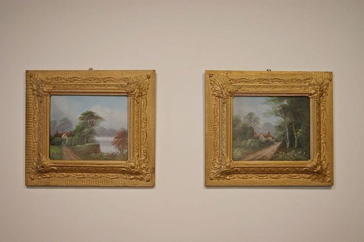 Oli su cartoncino inglesi del 1800, raffiguranti paesaggi campestri con sentieri di campagna