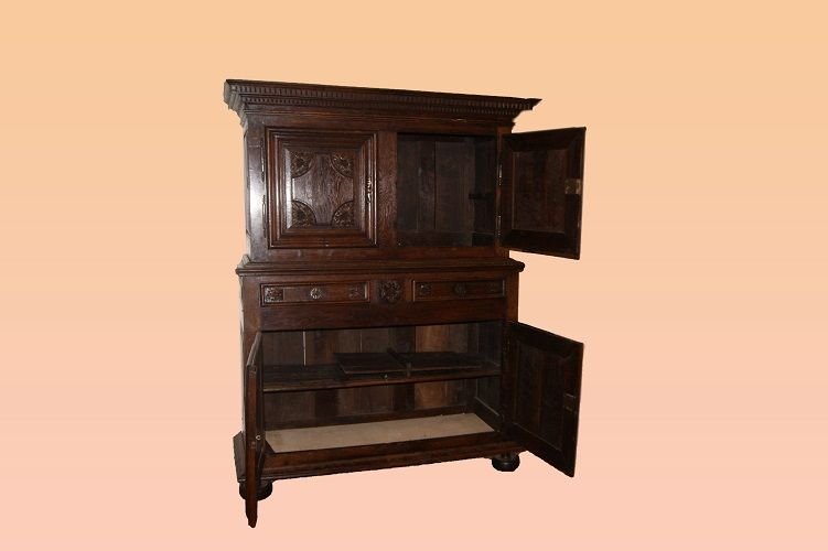 Antica credenza doppio corpo francese stile Luigi XIV di inizio 1700 in legno di castagno-photo-4