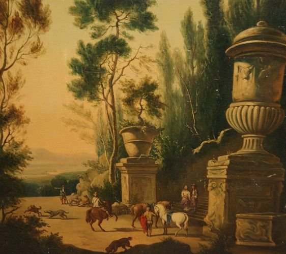 Olio su tela francese di inizio 1900 raffigurante "Rovine e Scena di Caccia" con personaggi-photo-2