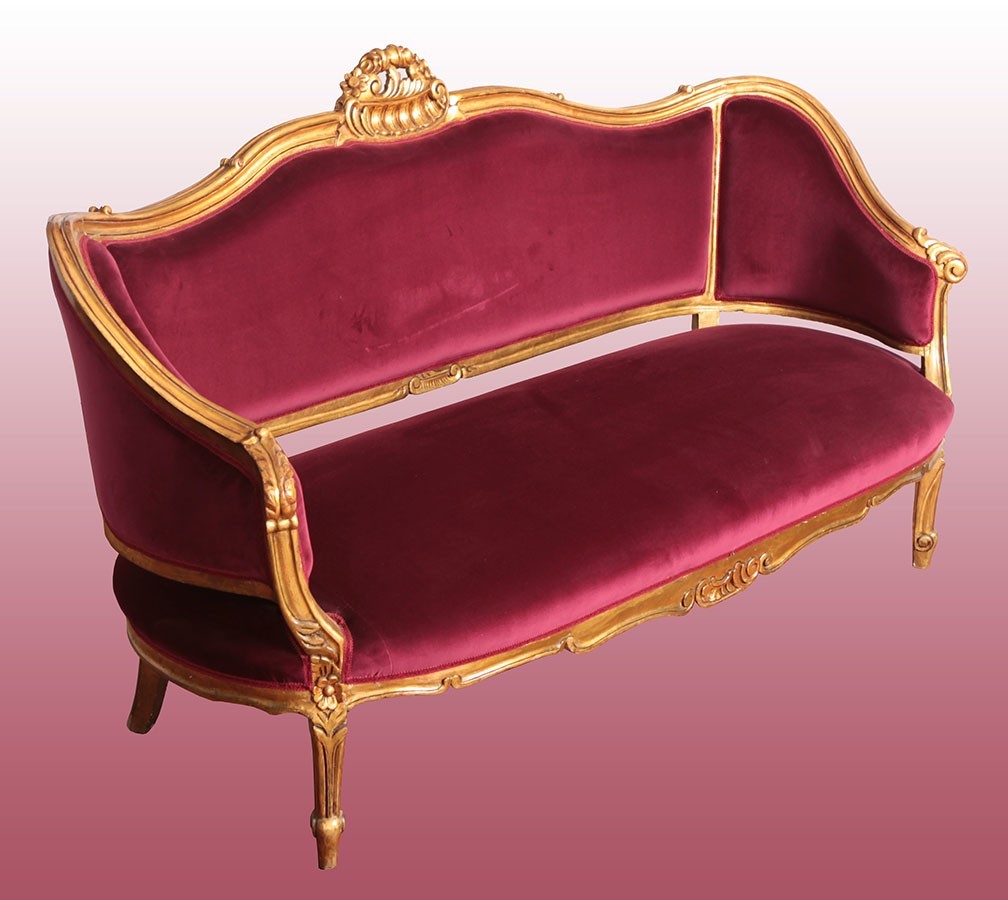 Bellissimo salotto compreso di divano e 2 poltrone a pozzetto, francesi di fine 1800 
