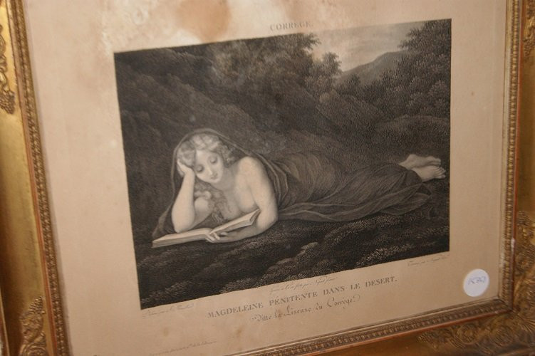 Bellissima stampa francese della seconda metà del 1800, raffigurante Dama sdraiata in un bosco -photo-2