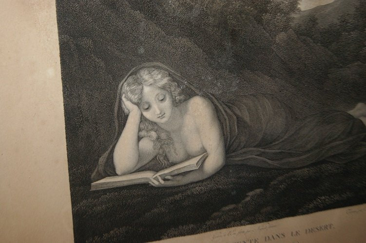 Bellissima stampa francese della seconda metà del 1800, raffigurante Dama sdraiata in un bosco -photo-3