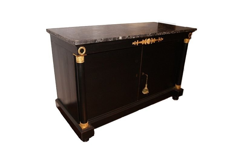 Credenza a 2 ante francese di metà 1800, stile Impero, in legno di mogano laccato nero-photo-2