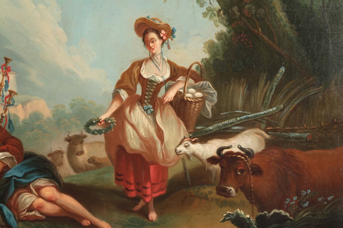 Olio su tela raffigurante coppia di personaggi con animali. La fanciulla reca in mano un cesto -photo-2
