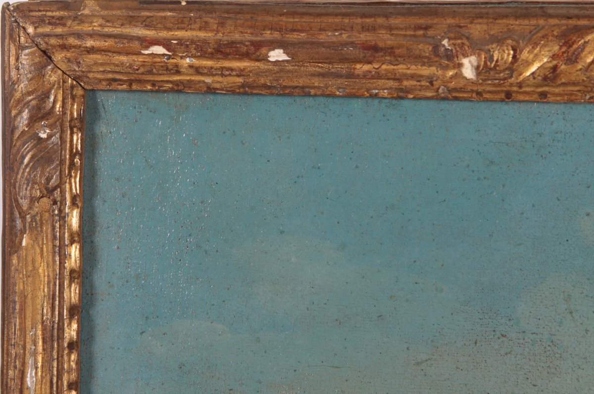 Olio su tela raffigurante coppia di personaggi con animali. La fanciulla reca in mano un cesto -photo-3