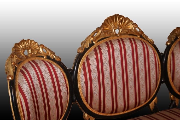 Stupendo salotto italiano di inizio 1800, stile Luigi Filippo, in legno ebanizzato e dorato-photo-2