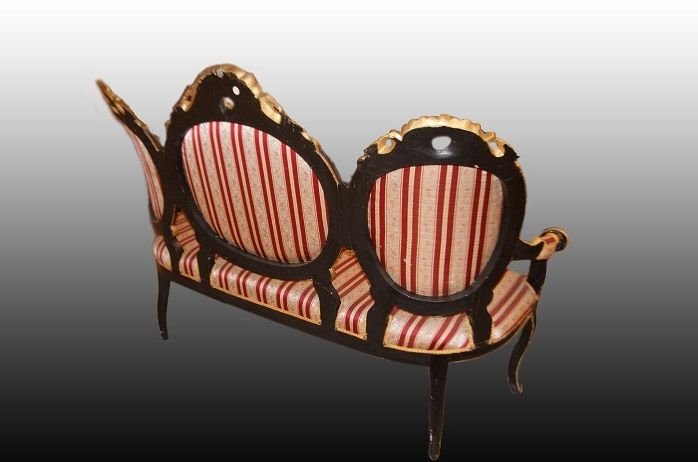 Stupendo salotto italiano di inizio 1800, stile Luigi Filippo, in legno ebanizzato e dorato-photo-3