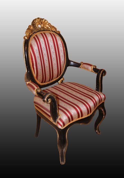 Stupendo salotto italiano di inizio 1800, stile Luigi Filippo, in legno ebanizzato e dorato-photo-4