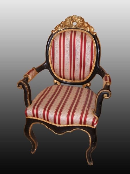 Stupendo salotto italiano di inizio 1800, stile Luigi Filippo, in legno ebanizzato e dorato-photo-1