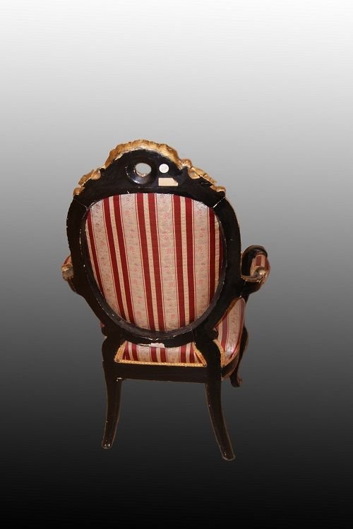 Stupendo salotto italiano di inizio 1800, stile Luigi Filippo, in legno ebanizzato e dorato-photo-2
