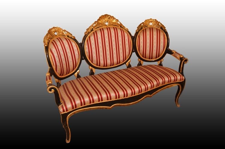 Stupendo salotto italiano di inizio 1800, stile Luigi Filippo, in legno ebanizzato e dorato