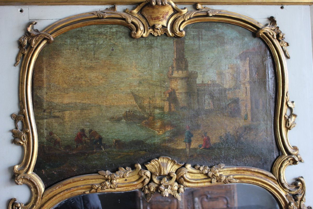 Caminiera francese Luigi XV – Seconda metà '700, specchiera dorata e olio su tela-photo-2