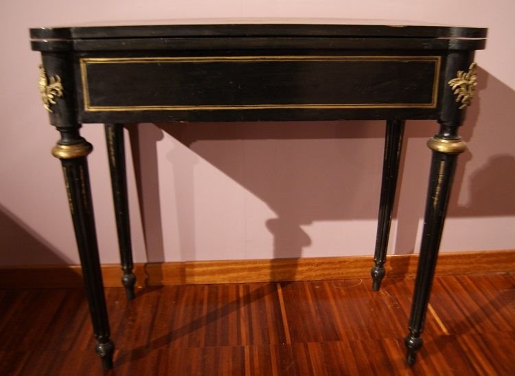 Tavolino da gioco francese della seconda metà 1800, stile Boulle, in legno ebanizzato-photo-2