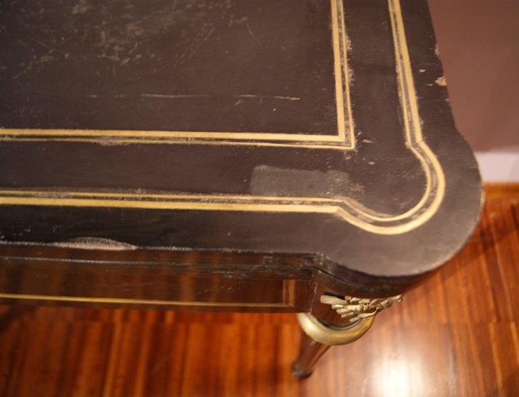 Tavolino da gioco francese della seconda metà 1800, stile Boulle, in legno ebanizzato-photo-3