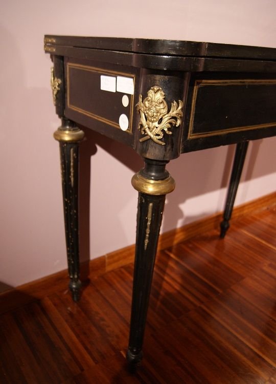 Tavolino da gioco francese della seconda metà 1800, stile Boulle, in legno ebanizzato-photo-1