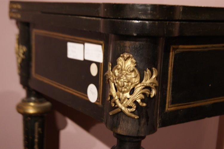 Tavolino da gioco francese della seconda metà 1800, stile Boulle, in legno ebanizzato-photo-2