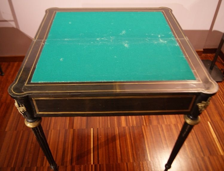 Tavolino da gioco francese della seconda metà 1800, stile Boulle, in legno ebanizzato-photo-3