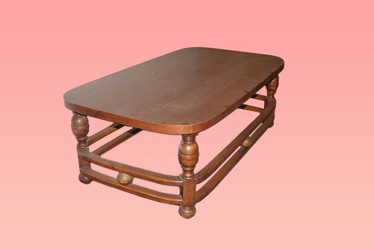 Antico grande tavolino basso italiano di metà 1900 in legno di noce.-photo-2
