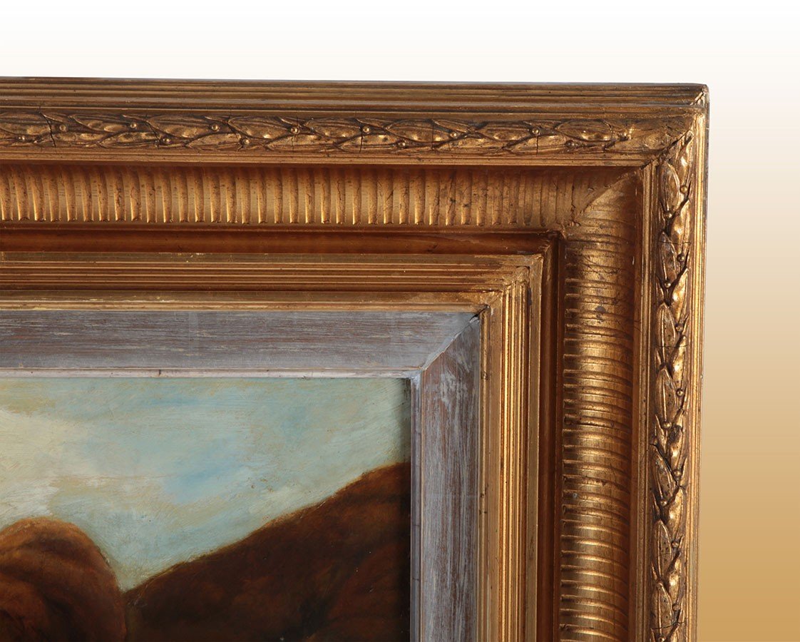 Olio su tela raffigurante scena di pascolo con buoi completo di cornice coeva foglia  oro-photo-2