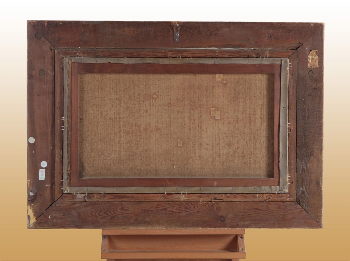 Olio su tela raffigurante scena di pascolo con buoi completo di cornice coeva foglia  oro-photo-3