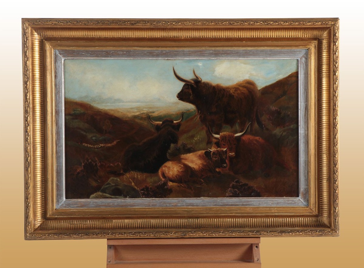 Olio su tela raffigurante scena di pascolo con buoi completo di cornice coeva foglia  oro