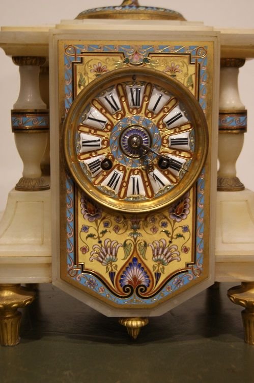 Trittico orologio con candelieri francese della seconda metà del 1800 in marmo bianco carrara -photo-3