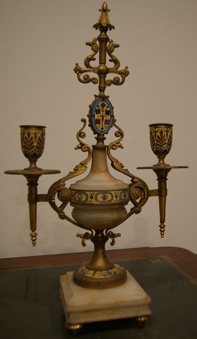 Trittico orologio con candelieri francese della seconda metà del 1800 in marmo bianco carrara -photo-1