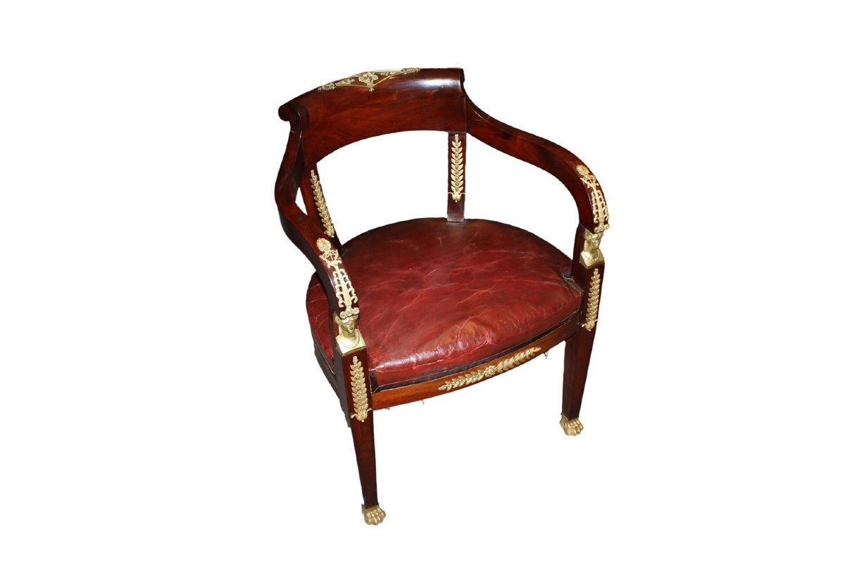 Poltrona Francese Stile Impero da Scrivania del 1800 in mogano con bronzi