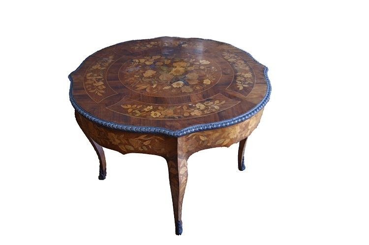 Tavolo da salotto olandese di fine 1700, di gusto francese stile Luigi XV, in legno di bois de 