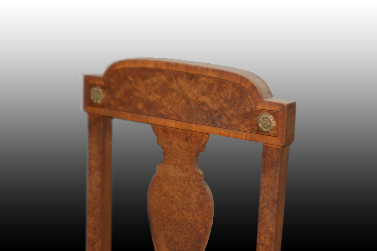 Gruppo di 6 sedie francesi di fine 1800, stile Impero, in legno di maples e radica di maples-photo-3