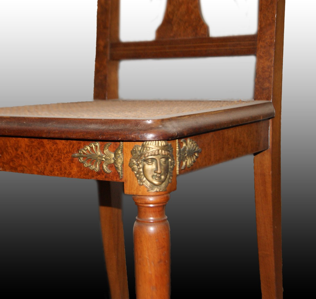 Gruppo di 6 sedie francesi di fine 1800, stile Impero, in legno di maples e radica di maples-photo-4