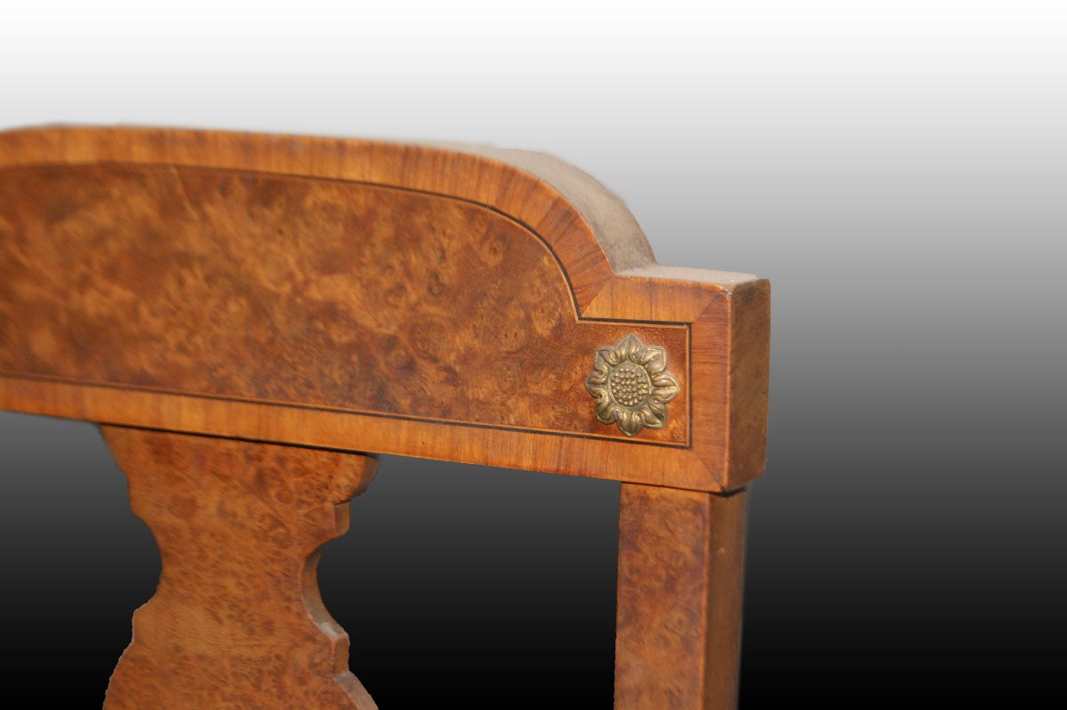 Gruppo di 6 sedie francesi di fine 1800, stile Impero, in legno di maples e radica di maples-photo-1
