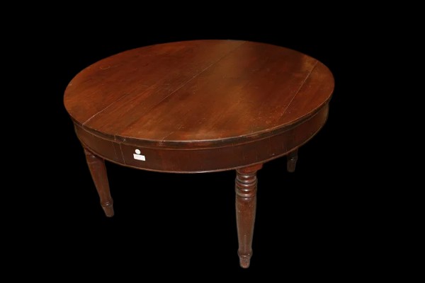 Grande tavolo circolare allungabile italiano della prima metà del 1800, stile Luigi Filippo, in