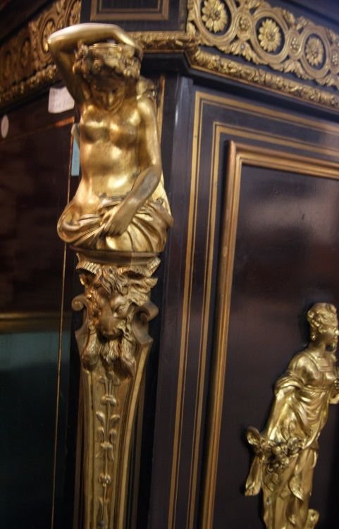Servante 3 porte francese della prima metà del 1800, stile Boulle, in legno ebanizzato-photo-2