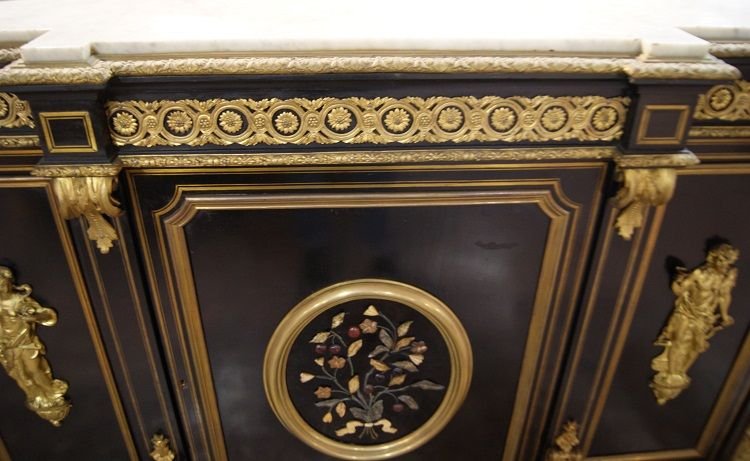 Servante 3 porte francese della prima metà del 1800, stile Boulle, in legno ebanizzato-photo-3