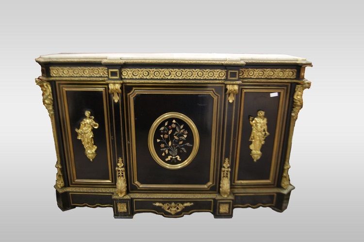Servante 3 porte francese della prima metà del 1800, stile Boulle, in legno ebanizzato