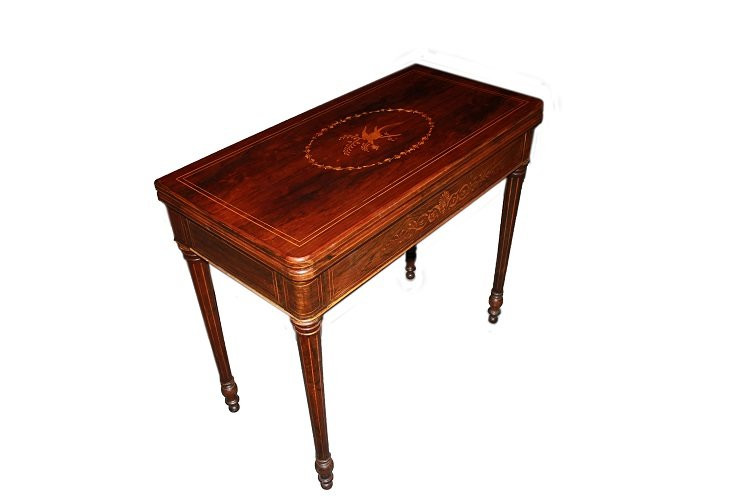 Tavolino da gioco francese della prima metà del 1800, stile Carlo X, in legno di palissandro-photo-1
