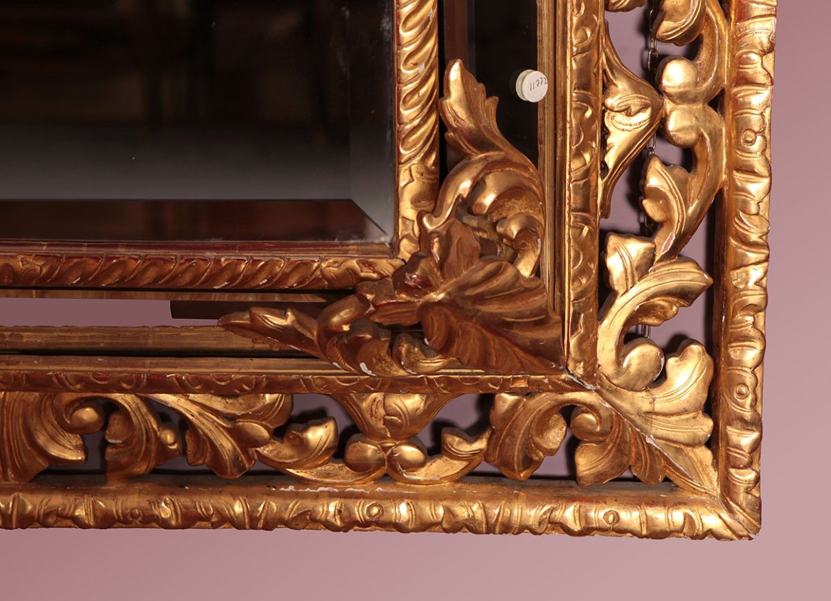 Maestosa specchiera francese della prima metà del 1800 stile Luigi XIV in legno dorato foglia o-photo-2