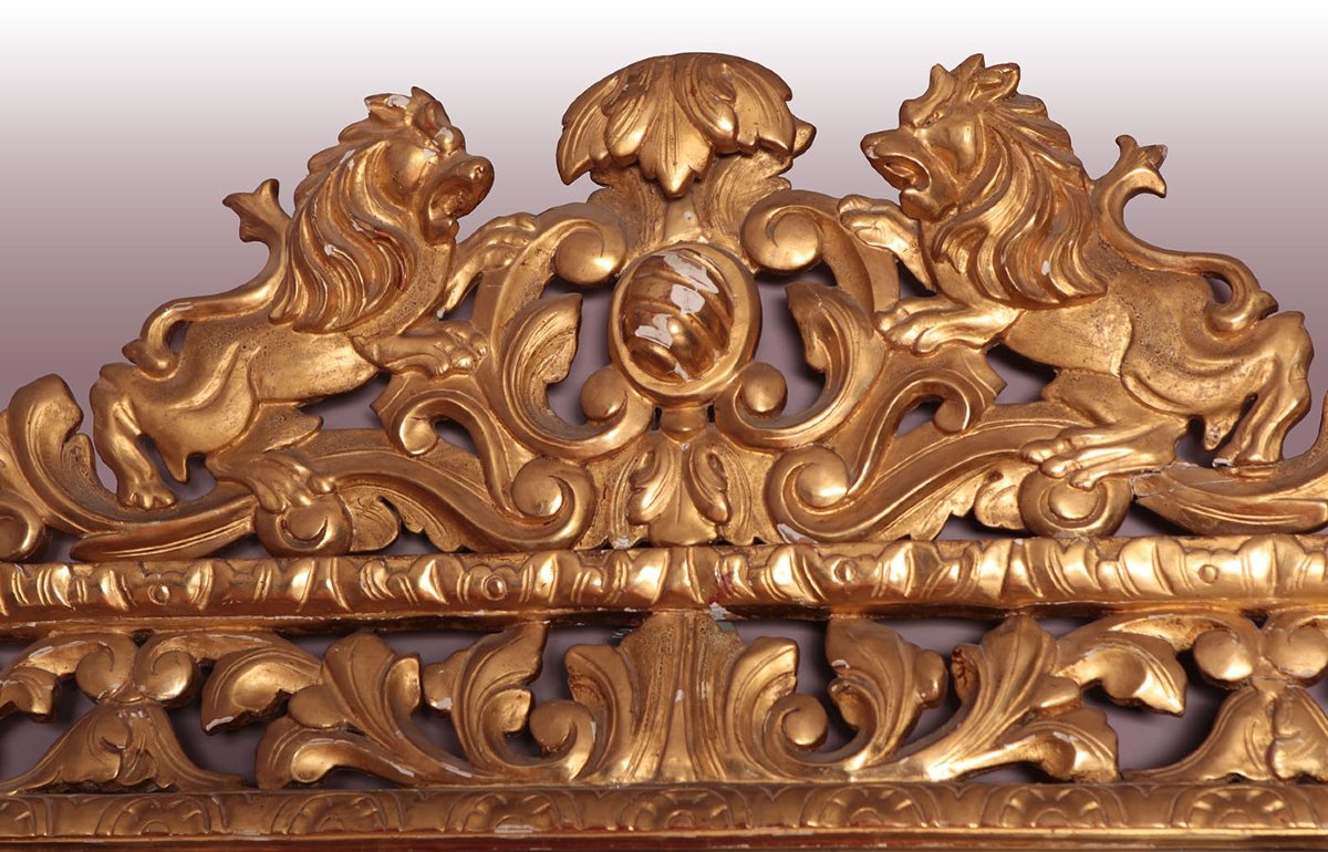 Maestosa specchiera francese della prima metà del 1800 stile Luigi XIV in legno dorato foglia o-photo-3