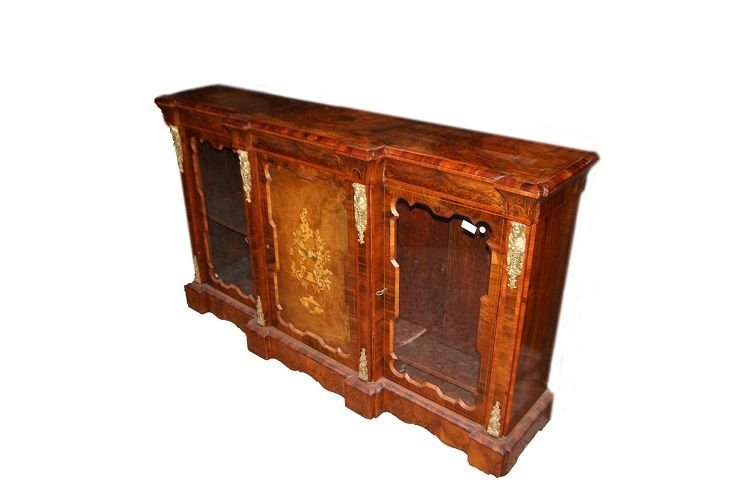 Antico servante inglese della prima metà del 1800, stile Luigi XVI, in legno di noce, radica di-photo-2