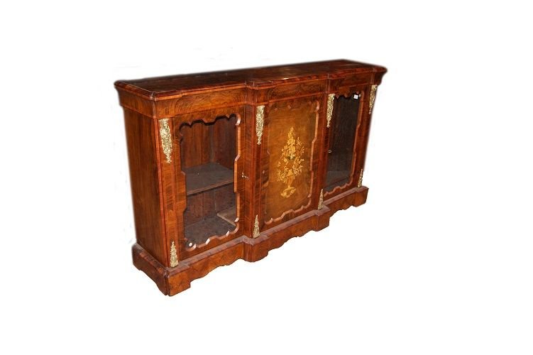 Antico servante inglese della prima metà del 1800, stile Luigi XVI, in legno di noce, radica di-photo-3