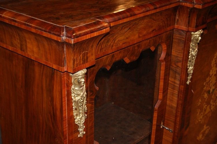 Antico servante inglese della prima metà del 1800, stile Luigi XVI, in legno di noce, radica di-photo-4