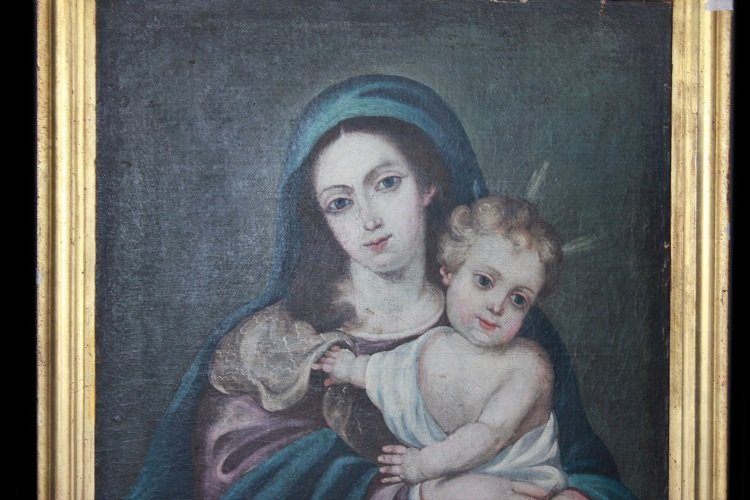 Olio su tela spagnolo di inizio 1800 raffigurante la Madonna Vergine Maria con in braccio -photo-2