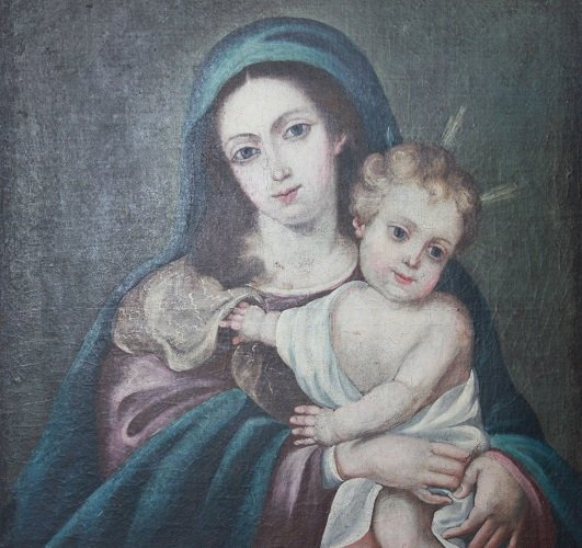 Olio su tela spagnolo di inizio 1800 raffigurante la Madonna Vergine Maria con in braccio -photo-3