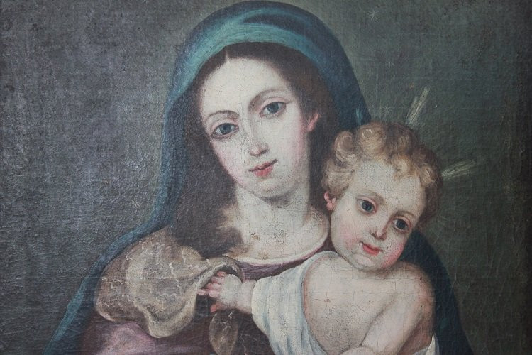 Olio su tela spagnolo di inizio 1800 raffigurante la Madonna Vergine Maria con in braccio -photo-4