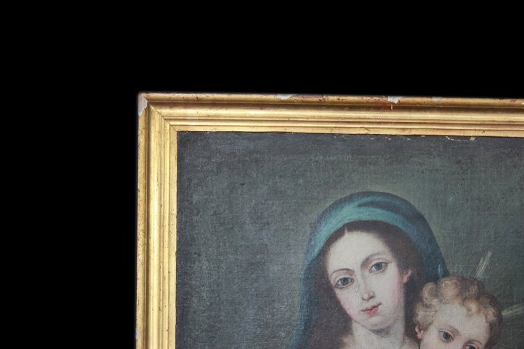 Olio su tela spagnolo di inizio 1800 raffigurante la Madonna Vergine Maria con in braccio -photo-1
