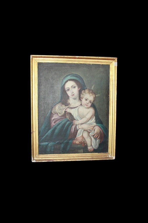 Olio su tela spagnolo di inizio 1800 raffigurante la Madonna Vergine Maria con in braccio 