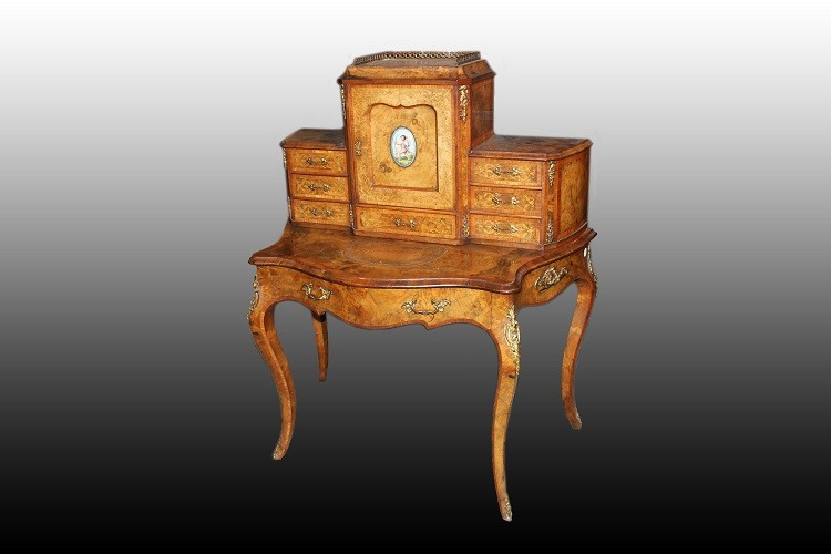 Stupendo scrittoio Bonheur du Jour francese della prima metà 1800, stile Luigi XV, in legno di 